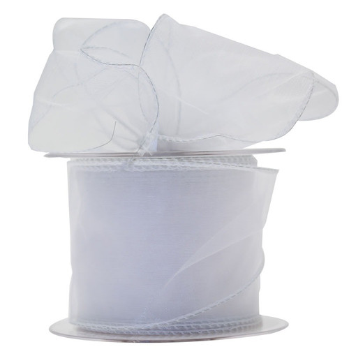 70mm Wired Edge Plain Organza Ribbon - White