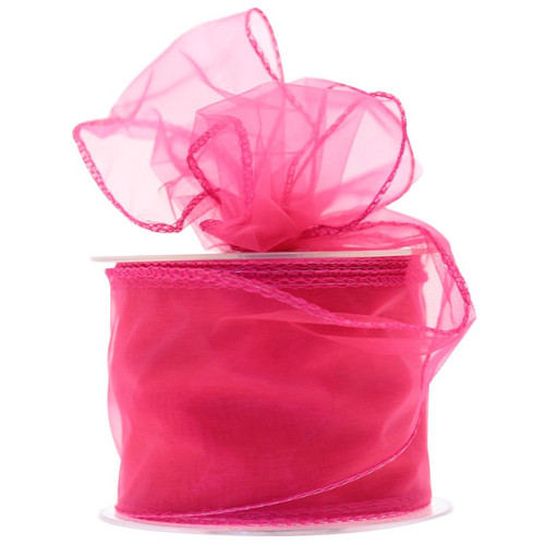 70mm Wired Edge Plain Organza Ribbon - Pink (Hot)