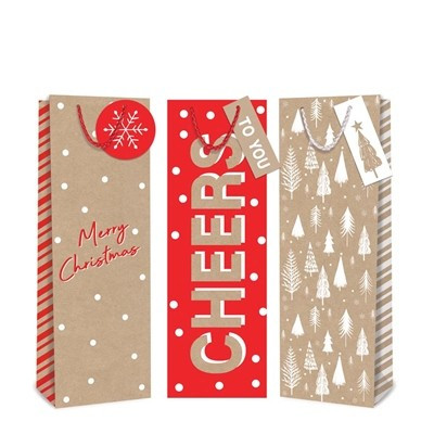 Festive Christmas Kraft Bottle Bags (Assorted Designs)
