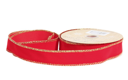 25mm Wired Edge Velvet Ribbon - Red with Gold Trim (9m/10yds)