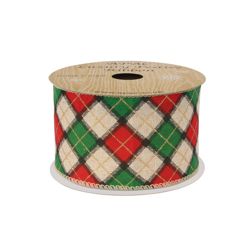 63mm Wired Edge Ribbon - Argyle Diamond Red & Green with Gold Glitter (9m/10yds)