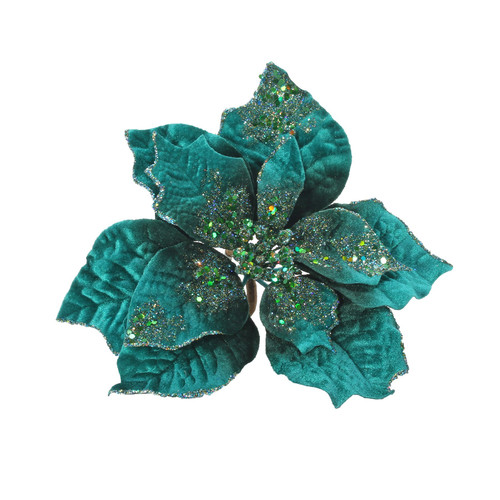 Poinsettia Flower Head Clip - Velvet Glittered Blue (25cm/10")
