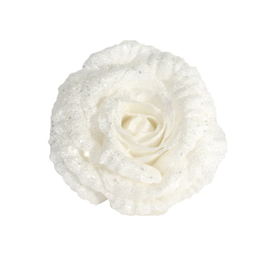 Glittered Rose with Clip - White (18cm)