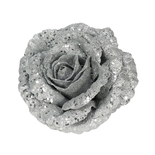 Glittered Rose with Clip - Silver (18cm)