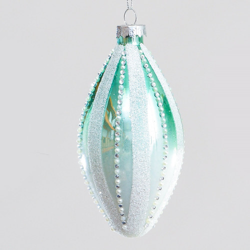 Mint Green Bead & Glitter Glass Drop Bauble (8cm)