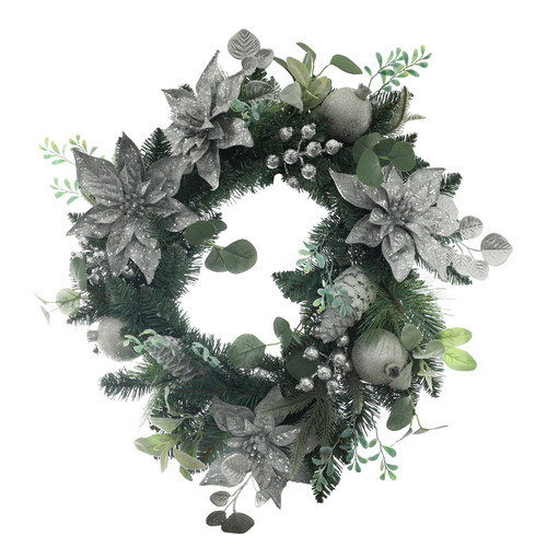 Artificial Readymade Wreath - Poinsettia & Bauble Silver (60cm)