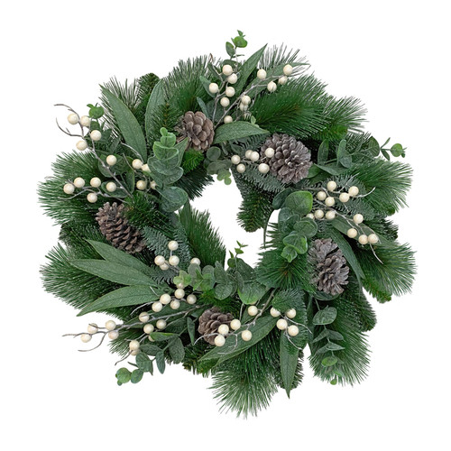 Artificial Readymade Wreath (Luxury) - Mixed Pine with White Berries & Cones (60cm)