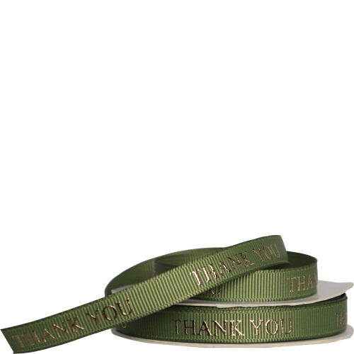 9mm Grosgrain Message Ribbon - Thank You (Gold on Olive Green)