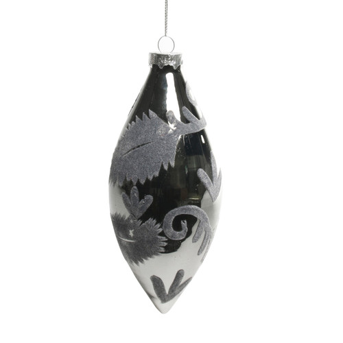 Bauble - Glass Teardrop - Grey with Velvet Pattern (16cm)
