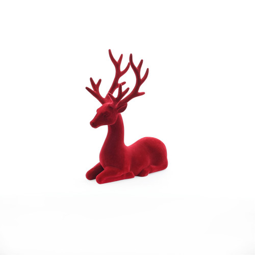 Standing Decoration - Flocked Reindeeer in Burgundy Sitting - 25cm
