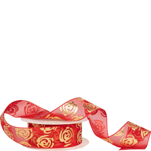 25mm Organza Ribbon - Gold Roses on Red