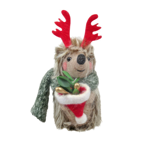 Hanging Decoration - Felt Hedgehog Wearing Antlers & Christmas Hat 10cm H