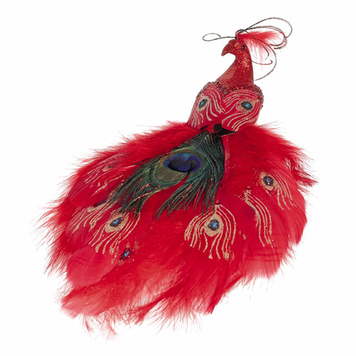 Decoration - Red Peacock with Clip 30cm L