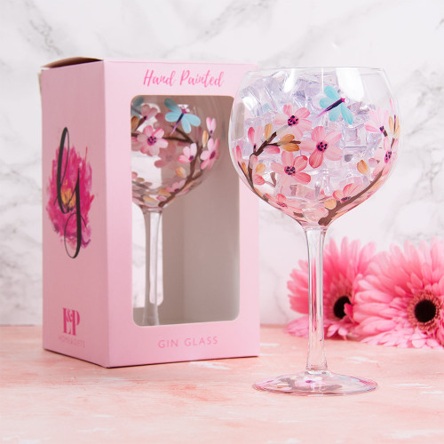 Hand Painted Gin Glass - Blossom & Dragonfly