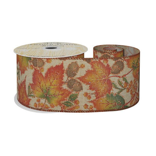63mm Wired Edge Hessian Ribbon - Autumn Leaves and Acorns (9m/10yds)