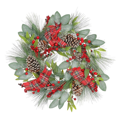 Artificial Readymade Wreath (Luxury) - Rattan Frosted Cones, Tartan Bows & Berries (60cm)