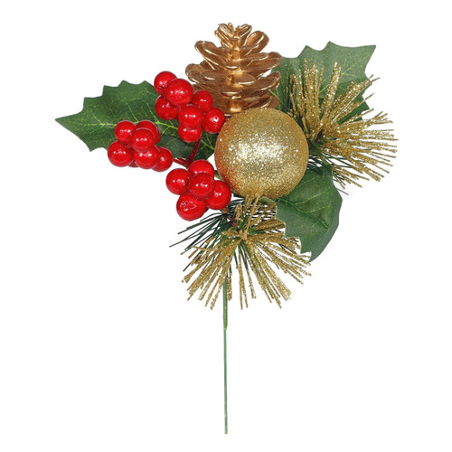 Pick - Gold Glitter Ball, Cone & Red Berries (20cm)
