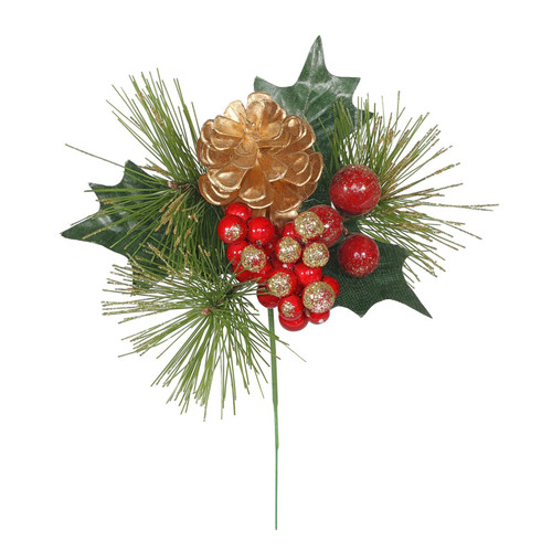 Pick - Cone with Foliage & Glittered Berries Red & Gold (20cm)