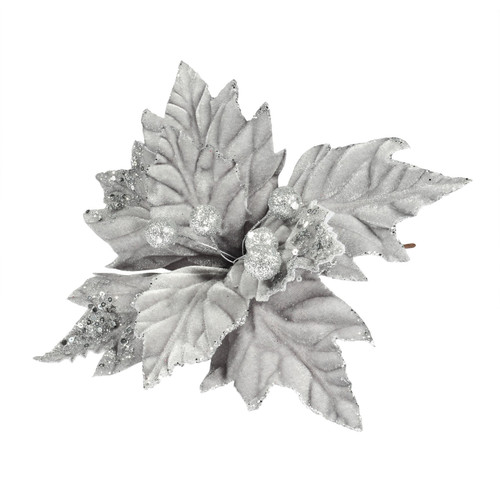 Velvet Poinsettia Stem Glittered - Silver (28cm W)