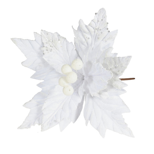 Velvet Poinsettia Stem Glittered - White (28cm W)