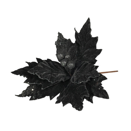 Velvet Poinsettia Stem Glittered - Black (28cm W)
