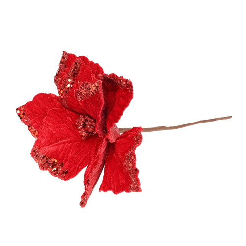 Velvet Poinsettia Stem Glittered - Red (24cm W)