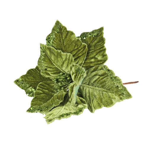 Velvet Poinsettia Stem Glittered - Green (24cm W)