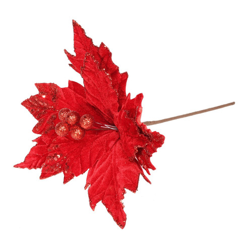 Velvet Poinsettia Stem Glittered - Red (28cm W)