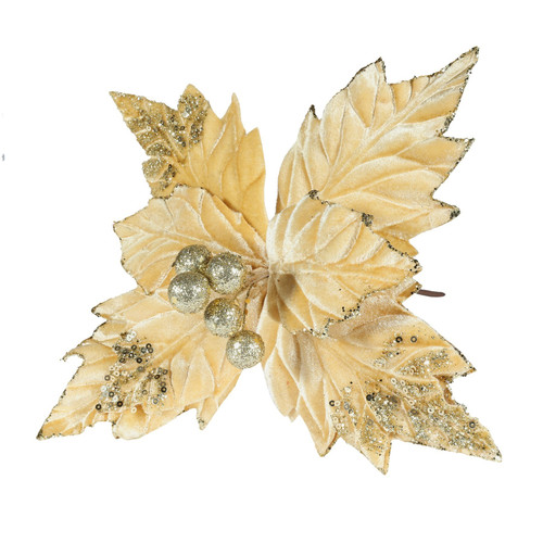 Velvet Poinsettia Stem Glittered - Gold (28cm W)