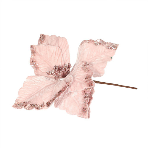 Velvet Poinsettia Stem Glittered - Pink (24cm W)