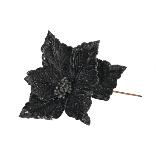 Velvet Poinsettia Stem Glittered - Black (24cm W)