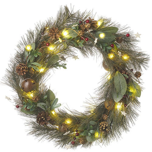 Artificial Readymade Wreath (Light Up) - Pine Cones & Stars (50cm)