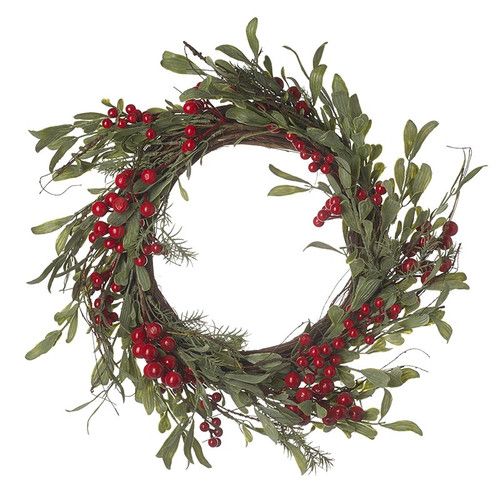 Artificial Readymade Wreath - Dark Green Leaves & Red Berries (45cm)