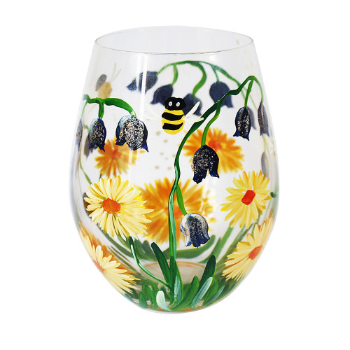 Hand Painted Stemless Glass - Bluebell & Bees