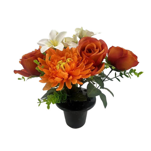Artificial Flowers Remembrance Grave Pot - Essential Garden Mix - Orange