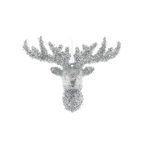 Hanging Decoration - Glitter Reindeer Head - Silver