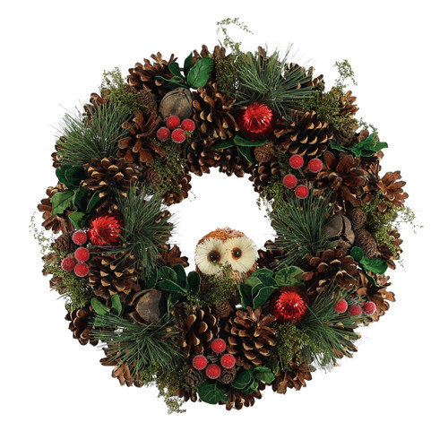 Artificial Readymade Wreath - Foliage, Cones, Red Baubles & Owl (36cm)   Red Baubles & Owl Wreath (36cm)