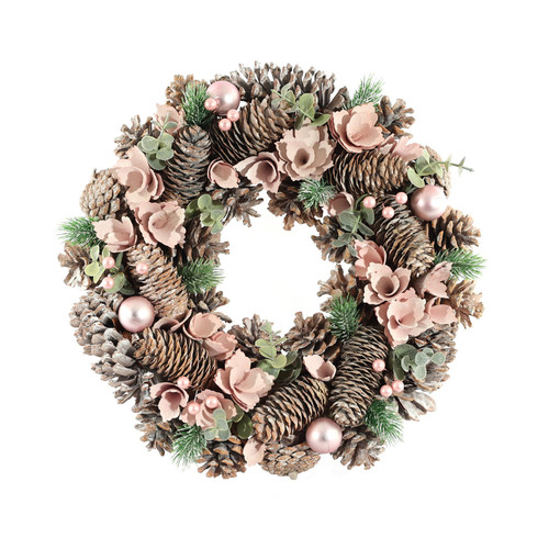 Artificial Readymade Wreath - Frosted Foliage Cones & Baubles Pink (36cm)