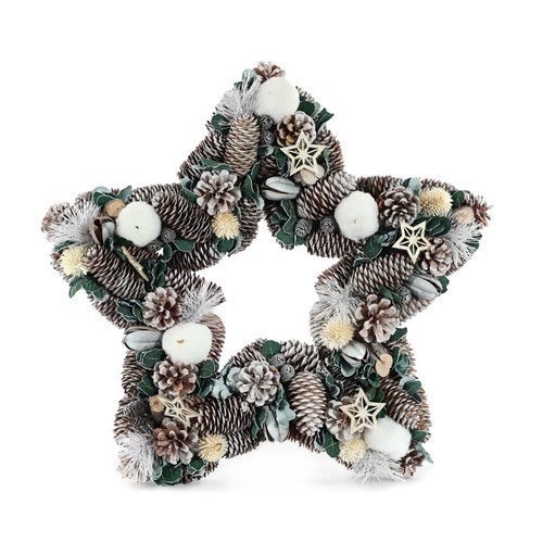 Readymade Wreath - Frosted Star with Pom Poms & Cones (45cm)