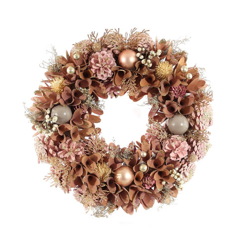 Artificial Readymade Wreath - Foliage, Cones & Baubles Dusky Pink (36cm)