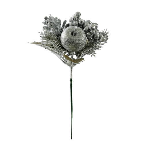 Apple, Berry & Foliage Pick - Silver Glitter - 20cm