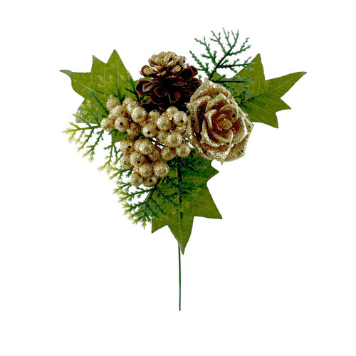 Pick - Glitter Berries & Cone with Green Foliage - Gold (18cm)