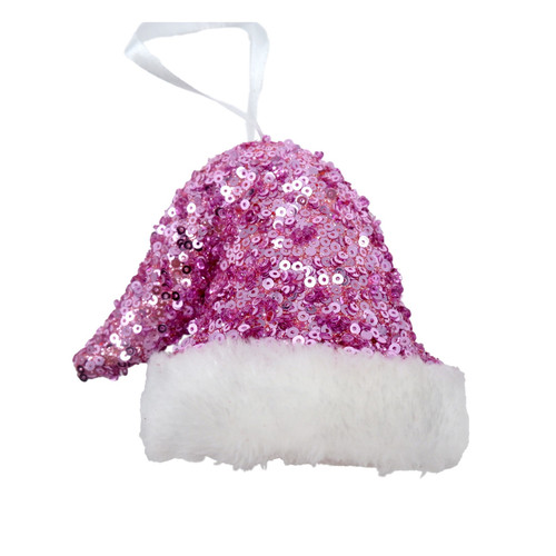 Hanging Decoration - Candyland Sequin Santa Hat - Pink/White (8cm)