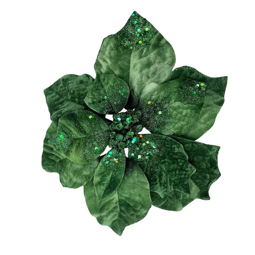 Poinsettia Flower Head Clip - Velvet Glittered Green (25cm/10″)