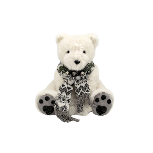 Soft Toy Bear - White Sitting Polar Bear with Christmas Scarf (25cm)