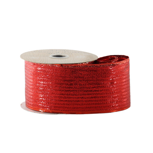 63mm Wired Edge Ribbon - Metallic Shine Striped Red