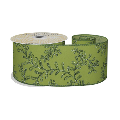 63mm Wired Edge Ribbon - Green with Glitter Foliage