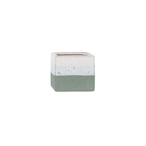 Ceramic Pot Cube - Hortus Bordeaux Stoneware Green & White (9.5cm H x 10.5cm W)
