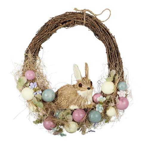 Readymade Wreath (Easter) - Pastel Eggs & Sitting Bunny (35cm)