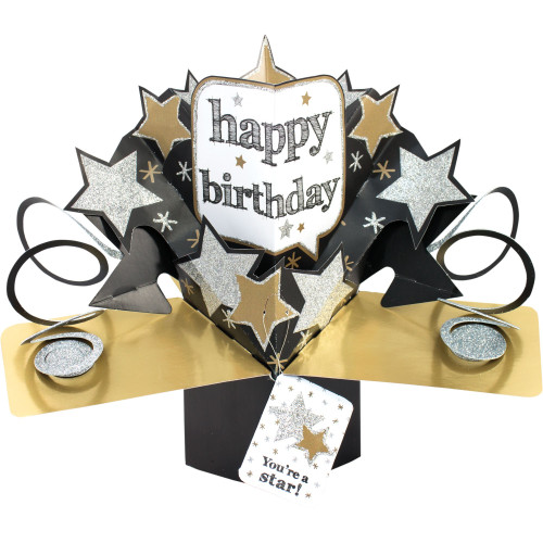 3D Pop Up Card by Second Nature - Happy Birthday Gold & Silver Stars